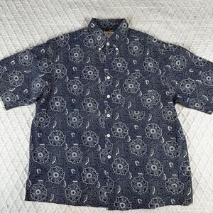 Vintage J.Crew Oarsman Men's L Floral Print Shirt Navy Blue Cotton Short Sleeve